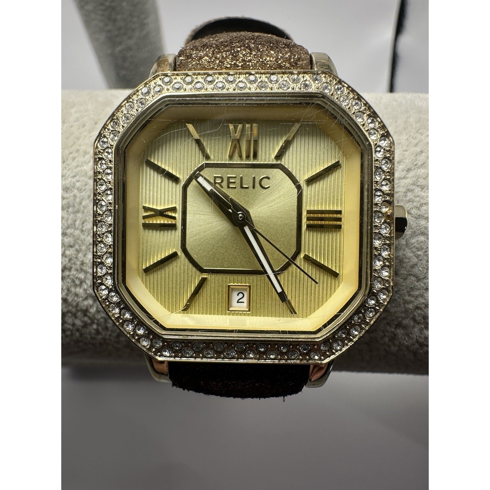 Relic ZR34187 Ladies Watch New Battery 33MM 7.5" Brown Leather Band Jewels Q